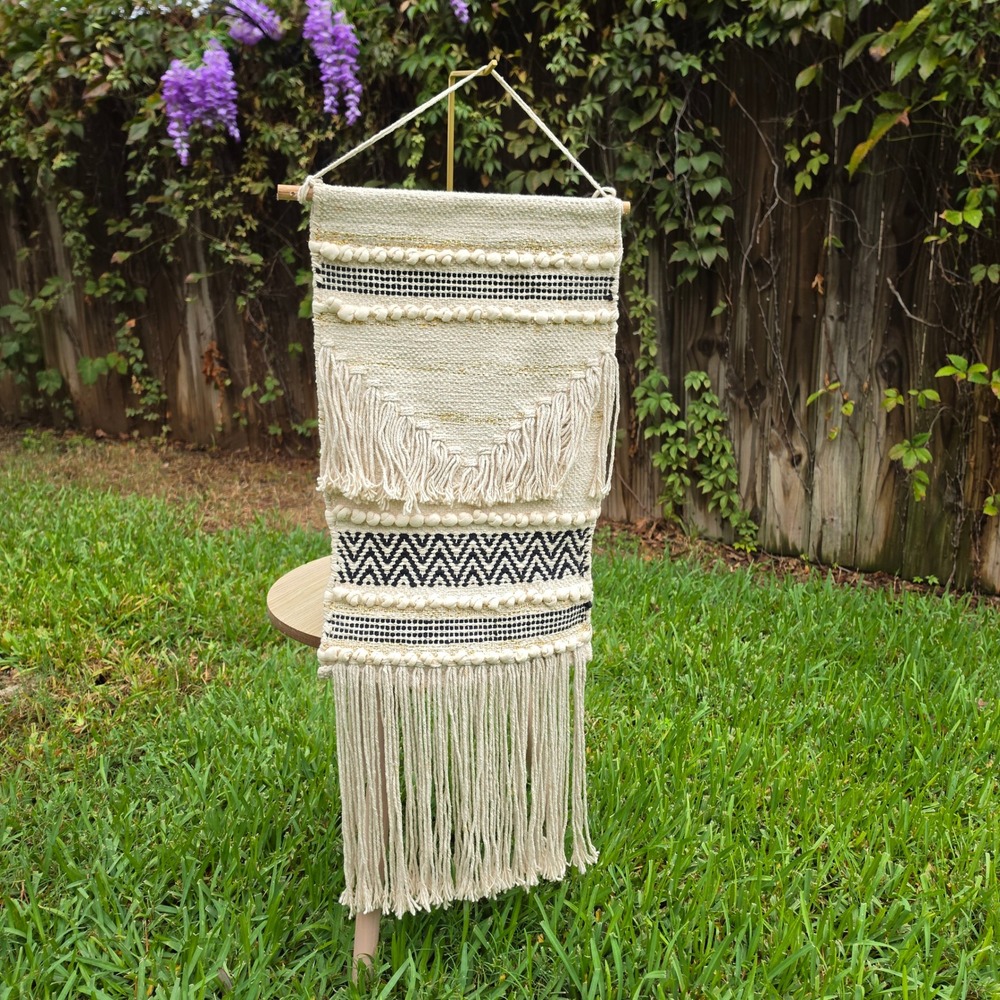 Boho Woven Wall Hanging Cream Black Gold Metallic Fringe Pom Pom Textile Art